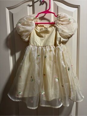 Girls' yellow pink Floral Puff-Sleeve Party Dress